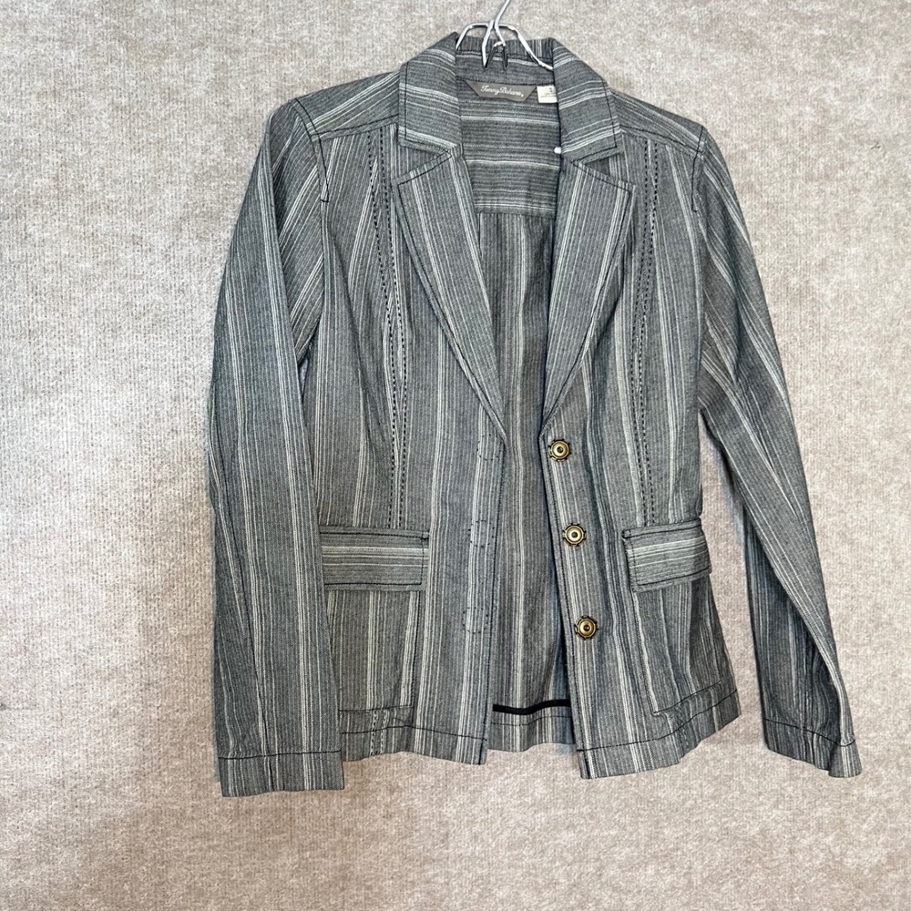 Tommy Bahama Blazer Jacket Womens XS Gray Striped Herringbone Cotton Coastal